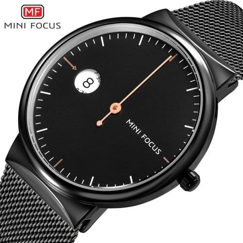 MINI FOCUS Mens Simple Ultra Thin Quartz Watches 2019 New Waterproof Business Wristwatch Man Mesh Strap Relogios 0182G Black