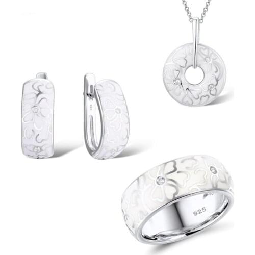 Jewelry Set For Women Enamel White Flower CZ Ring Earrings Pendant Fashion Jewelry