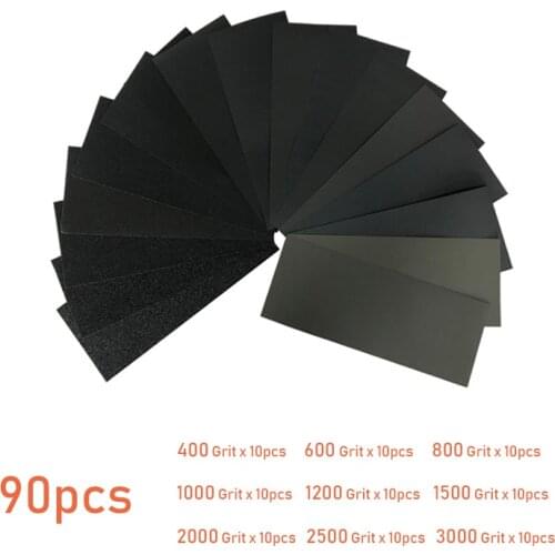 90pcs Assorted Waterproof Grind Sandpaper 3.6 inch 400 600 800 1000 1200 1500 2000 2500 3000 Grit Water/Wet Abrasive Sandpapers