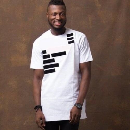 African New Fashion For Men Casual Tops Short Sleeve Black Strips On White Patchwork Shirts Male Nigerian Outfit