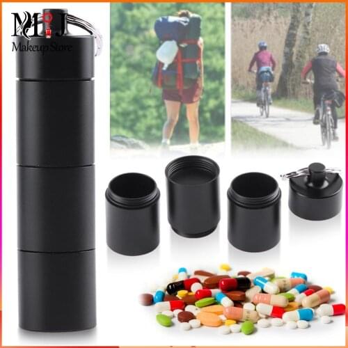 Portable Pill Case Waterproof Outdoor Medicine Pill Container Aluminum Case Keychain with 6 Rubber Rings Black