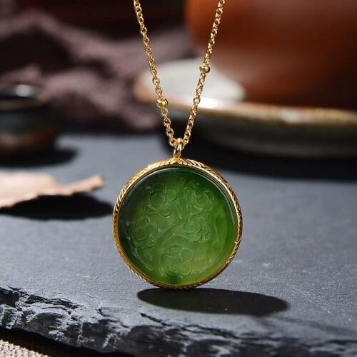 S925 sterling silver gold plated Natural Hetian jade Jasper Chain set Retro Plum blossom Peace buckle Ladies Pendant
