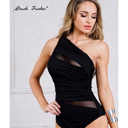 South Feather Sexy Mesh One Off Shoulder One Piece Swimsuit Women Black Swimwear Female Thong Monokini Beach Solid Bathing Suit