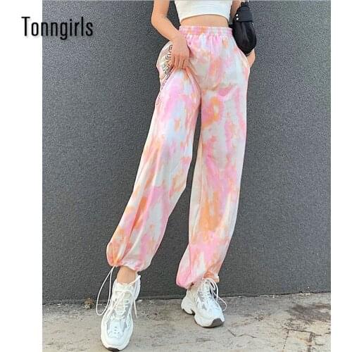 Tonngirls Harajuku Tie Dye Cargo Pants Women High Waist Shirring Letter Trousers Women Streetwear Loose Pants Femme Korean Chic