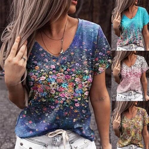 Womens Summer Sexy Short Sleeve Casual T-Shirts Flower Printed Vintage Top Female V-Neck Loose Oversize Plus Size Streewear Top