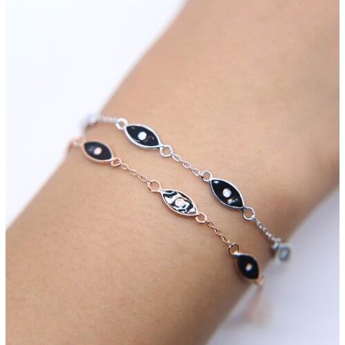 Real 925 Sterling Silver Made Chain Eye Bracelets for Women Enamel Black Eyes Bohemian Charm Bracelets & Bangles Jewelry