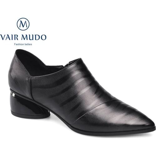 VAIR MUDO Women Ankle Women Pumps Shoes Elegant Pointed Toe Gray Black Mary Janes Sewing Thick Heels Office & Career WM-X132-C
