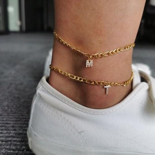 Crystal Letter Initail Charm Anklet For Women Zircon Stainless Steel Feet Chain Anklets Gold Chain Brass Jewelry Gift Girls BFF