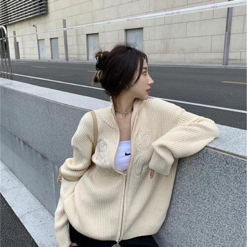 Y2K Womens Loose Rib Knit Sweater Casual Long Sleeve Letter Embroidery Stand Collar Coat