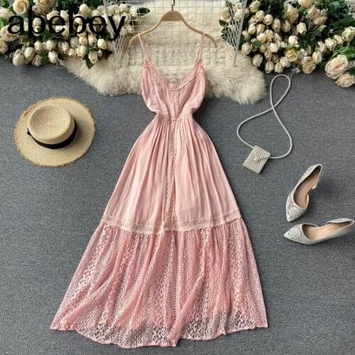 Women Sexy Backless Strap Dress Korean V Neck Sleeveless A-line Party Dress Summer Sweet Lace Ruffles Beach Long Dress