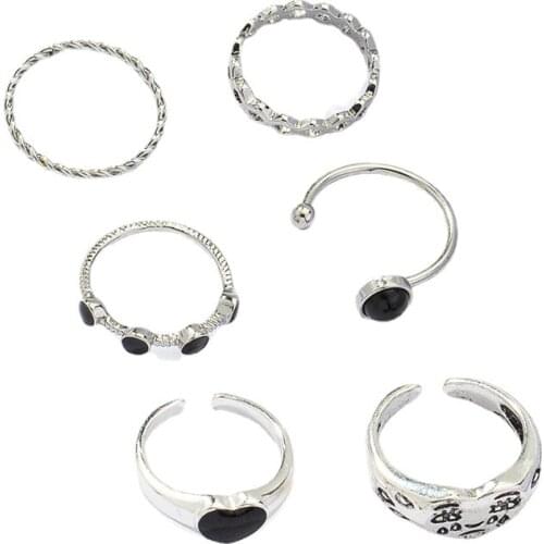 2021 Ins Trendy 6 Pieces/Set Rhodium Heart Irregular Minimalism Finger Midi Rings Korean Fashion Women Party Jewelry