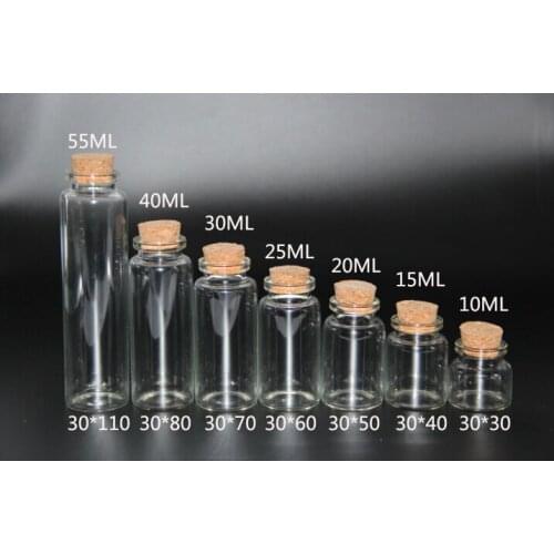 5pcs 10ML 15ML 20ML 25ML 30ML 40ML 55ML Glass jars Cute Mini Wishing Cork Stopper Glass Bottles Vials Jars Decor Containers Size