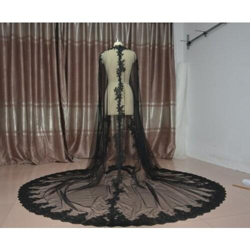 Black veil cape Applique wedding capes bride wraps train wedding coat accessories wedding bolero lace cloak lace shrug
