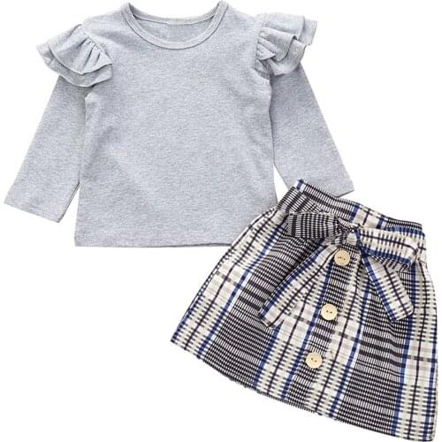 Child Girls T-shirt Shirt Plaid Skirt Suit Casual Fashion Puresolid long-sleeved T-shirt top stitching dress skirt Set L1213