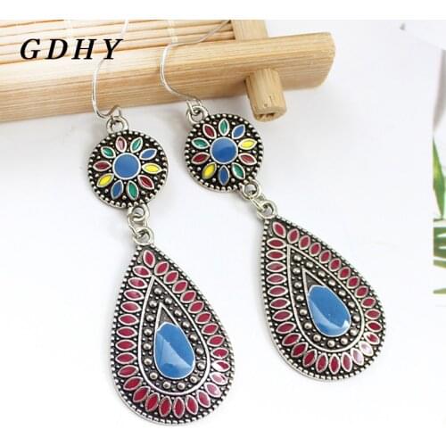 GDHY Boho Colourful Water Drop Earrings Sun flower pattern Droplet Pendant Earrings Big hook earrings for Women Ohrringe Bijoux
