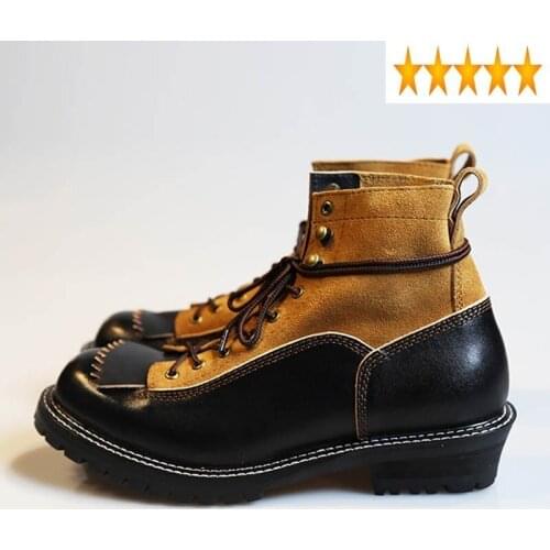 Quality Ankle Boots Men Handmade 100% Real Leather Lace Up Work Shoes Italian Patchwork Designer Platform Vintage Botas