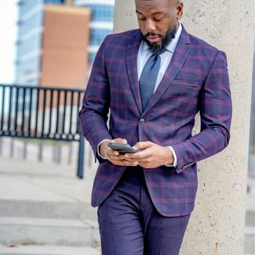 Cool Purple Check Mens 2 Piece Suit Slim Fit One Button Groom Men Plaid Pants Suits Tailored Fit Prom Party Wedding Tuxedos
