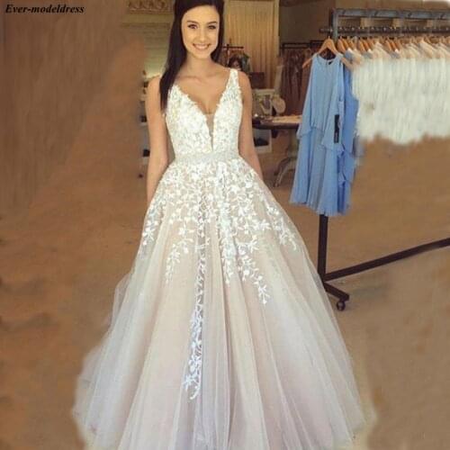 Champagne Lace Wedding Dresses 2021 V-Neck Backless A-Line Floor Length Appliques Beaded Spaghetti Straps Robe De Mariage Cheap