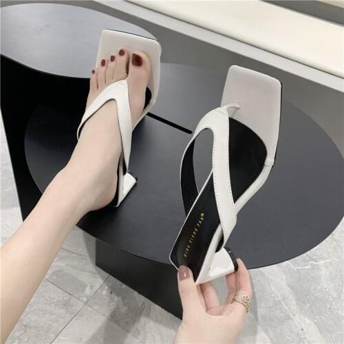WEIBATE Summer Womens Shoes Ladies Fashion Slippers Flip-flops Women Open Toe High Heel Womens Square-toed Wear Slippers