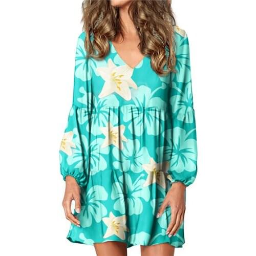 Hycool Hot Selling Lady Large Size Lantern Sleeve Sky Blue Dress Polynesian Plumeria Print Women Sexy V Neck Dress Loose Dresses