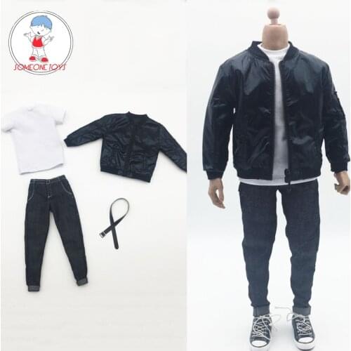 1/6 sacle Male trendy black bright leather jacket T-shirt jeans set for 12 inches Body Figures