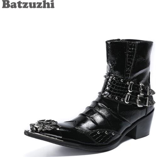 Batzuzhzi 6.5cm Height Increased Men Boots Metal Pointed Toe Leather Botas Hombre with Buckles Punk Rock Motocycle Short Boots