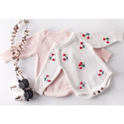 Baby Girl Clothes Newnborn Cherry Embroidery Rompers Infant Clothing Autumn winter Baby Knitted Sweater Baby Boys Romper