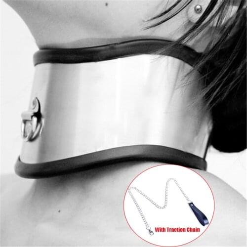 Stainless Steel Neck Collar Lockable BDSM Suffocation Restraint Neck Ring Sex Posture Chastity Belt With Traction Chain Sex Toys
