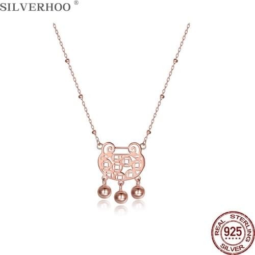 SILVERHOO 925 Sterling Silver Trendy Lock Shape Bells Pendant Necklace Minimalist Rose Gold Color Necklaces For Women Jewelry