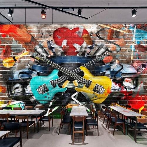 Personalized Customization 3D Stereo Brick Wall Graffiti Guitar Bar KTV Cafe Restaurant Mural Wallpaper Papel De Parede 3D Sala