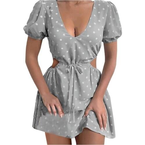 Summer New Sexy Dress Sexy Polka Dot Printed V-neck Hollow Waist Short Sleeve Mini Dress Elegant Chiffon Hollow Waist Dress Robe