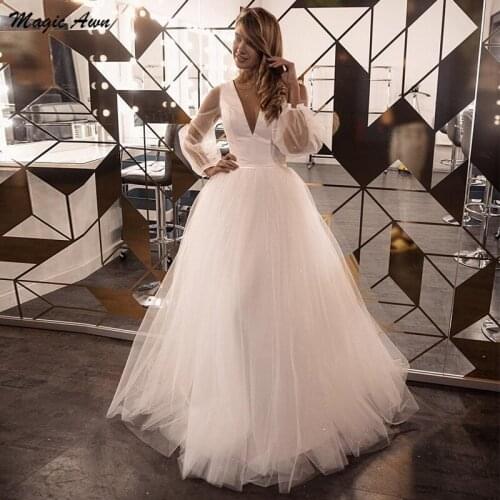 Magic Awn Simple Long Sleeves Wedding Dresses Shiny Illusion Bobo A-Line Bridal Gowns Cheap Customized Abito Da Sposa