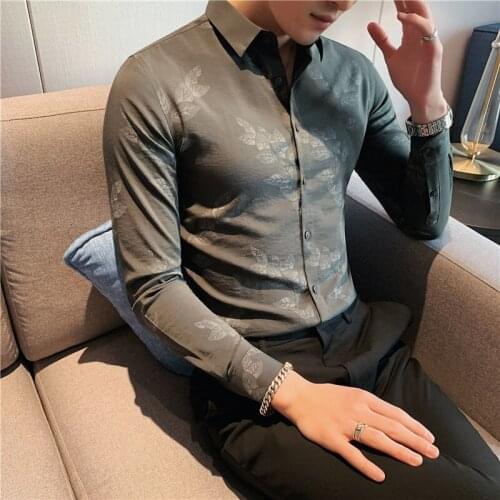 Luxury Leaf Print Shirts Designer Long Sleeve Dress Shirts Casual Slim Fit Night Club Party Social Shirt Camisa 2021 Men Shirt