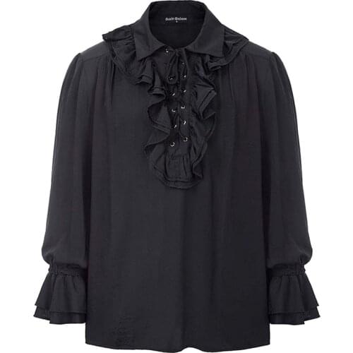 Black Lace Up Ruffles Turn Down Collar Flare Sleeves Renaissance Pirate Cosplay Retro Gothic Shirt Medieval Victorian Top Men