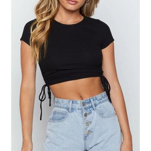 Shirring Tees Crop Top Knitted Drawstring Skinny Tops Cropped Sexy Women Clothes Solid Shirts Soft Stretchy Cute Vintage T-Shirt