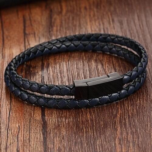 XQNI Vintage Style Interlocking & Stitching Braided Design 2 Colors Multi-layer with Magnet Clasp Men Genuine Leather Bracelet