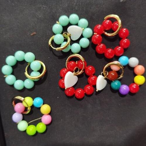 Jewelry beach summer stainless steel hoop handmade best friend boho bohemian red blue rainbow plastic bead earrings for women
