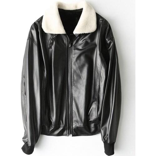 Womens Black Genuine Oversize Style Slim Natural Sheepskin Jackets Wool Fur Collar Warm Real Leather Coats Lady