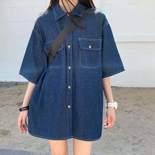 Womens Denim Shirt Thin Long Loose Casual Fashion Summer Long Short Sleeve Denim Top