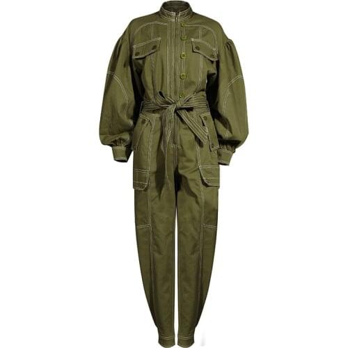 SeeBeautiful Simple Stand Collar Lantern Sleeve Zipper Button Belt Large Size Jumpsuits Woman Spring 2021 New Tide Fashion T483