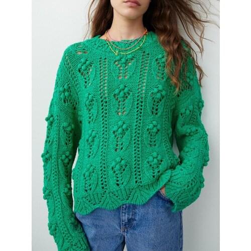 ZA knitted pullover 2021 autumn new lady sweet long-sleeved round neck hollow ball-shaped jacquard sweater