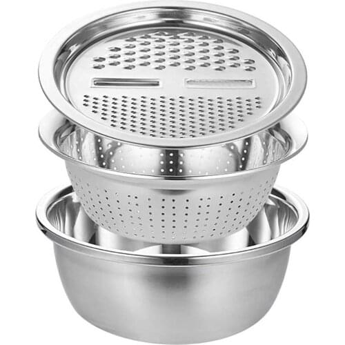 3pcs Stainless Steel Drain Basket Kitchen Grater Multifunctional Vegetable Cutter Slicer Washing Filter Bowl with Drain Basin