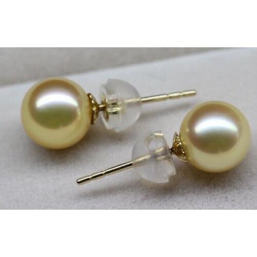 Free shipping charming 11-12mm south sea gold round pearl earring 18k