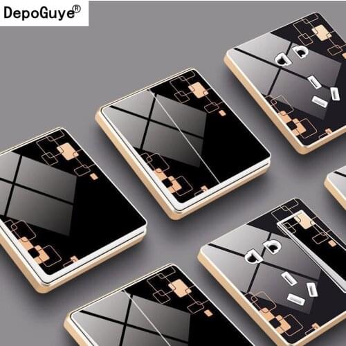 DepoGuye Black patterned crystal glass panel bedroom wall light switch button, EU standard wall switch socket AC110V-250V