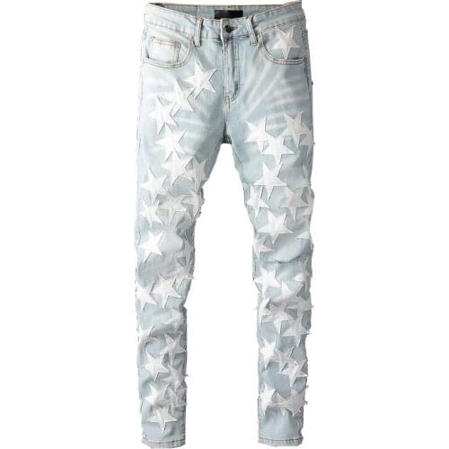 Mens Brand Designer Jeans Pants With Leather Patches Fashion Hi Street Slim Fit Denim Trousers Sky Blue Bottoms Big Size 28-40