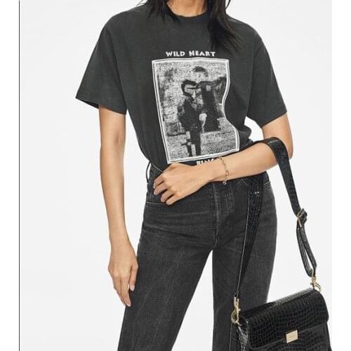 Retro Brushed Old Printed T-shirt Womens Top Fuzzy Portrait Printing Round Neck Short Sleeve Street Trend Tee