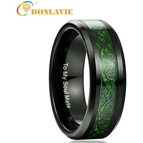 BONLAVIE 8mm Carbon Fiber Green Zircon Ring Dragon Pattern Tungsten Carbide Rings Green Color Wedding Bands Male Jewelry