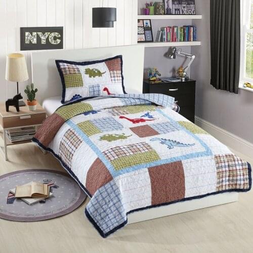 CHAUSUB Boys Bedspread Patchwork Quilt Set 2PCS Dinosaur Applique Cotton Quilts Bed Cover Pillowcase Twin Size Kids Coverlet