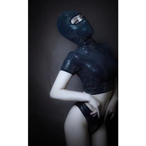 Bar Club Party DJ Dance Team Performance Costume Sexy Black Short Tops Shorts Mask 3 Pieces Nightclub Womens Set Dance Outfits