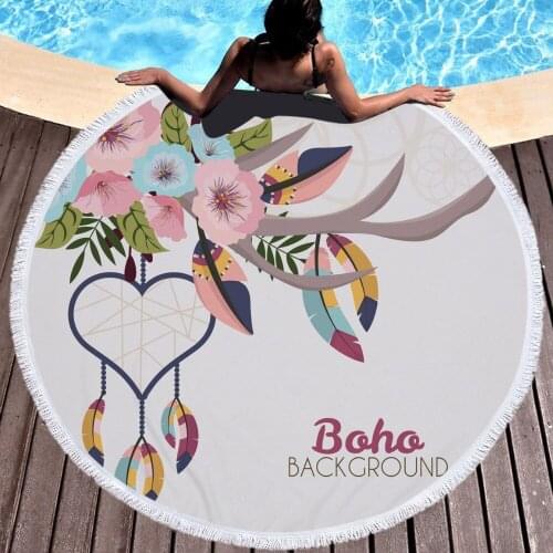 BOHO Fashion Feathers Round Beach Towel Printed Dreamcatcher Net With Tassels For Summer Microfiber Swimming Sports Blanket Mat